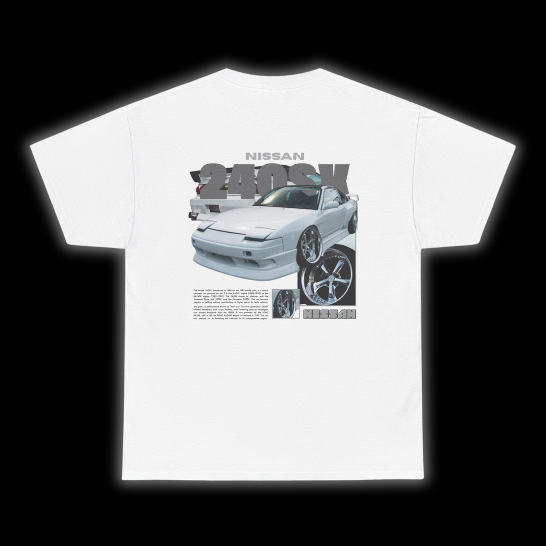 White T-shirt with Nissan 240sx / 180sx / 200sx S13 graphic on the back, picture of the rear, black background
