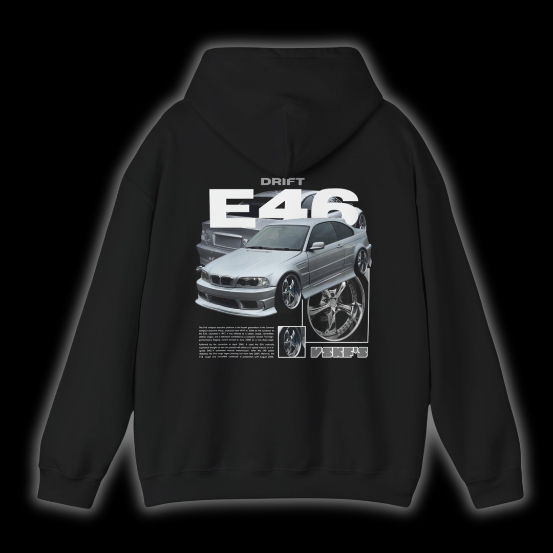 Black hoodie with Bmw E46 graphic on the back, picture of the rear, black background
