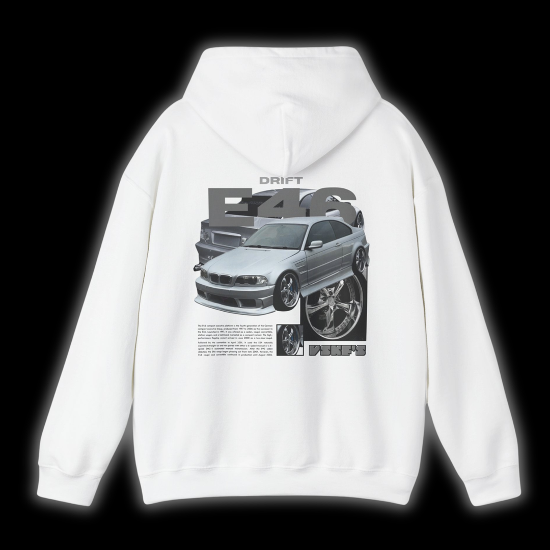 White hoodie with Bmw E46 graphic on the back, picture of the rear, black background
