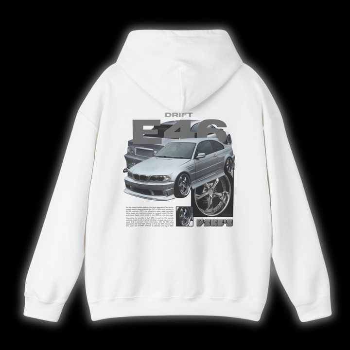 White hoodie with Bmw E46 graphic on the back, picture of the rear, black background
