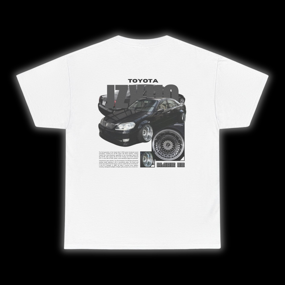 White T-shirt with Toyota Mark II JZX110 graphic on the back, picture of the rear, black background