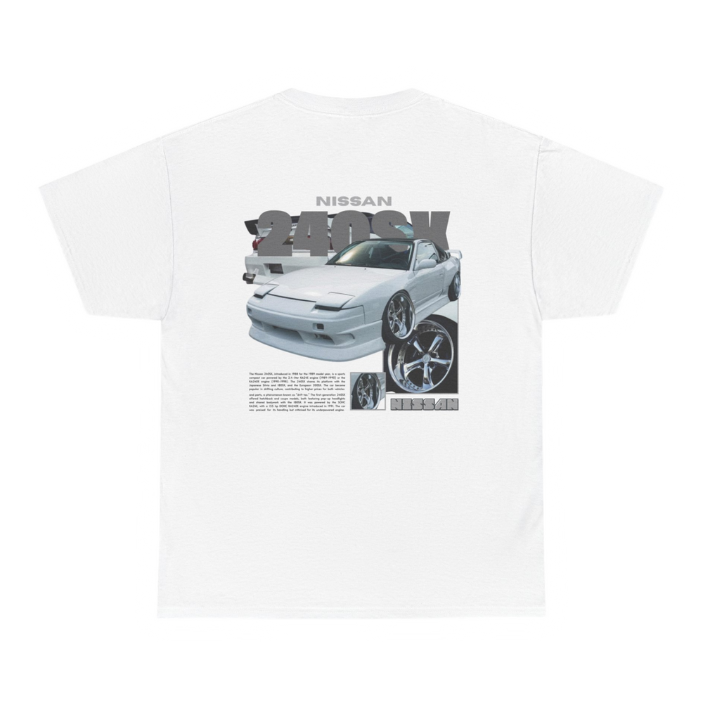 White T-shirt with Nissan 240sx / 180sx / 200sx S13 graphic on the back, picture of the rear, black background