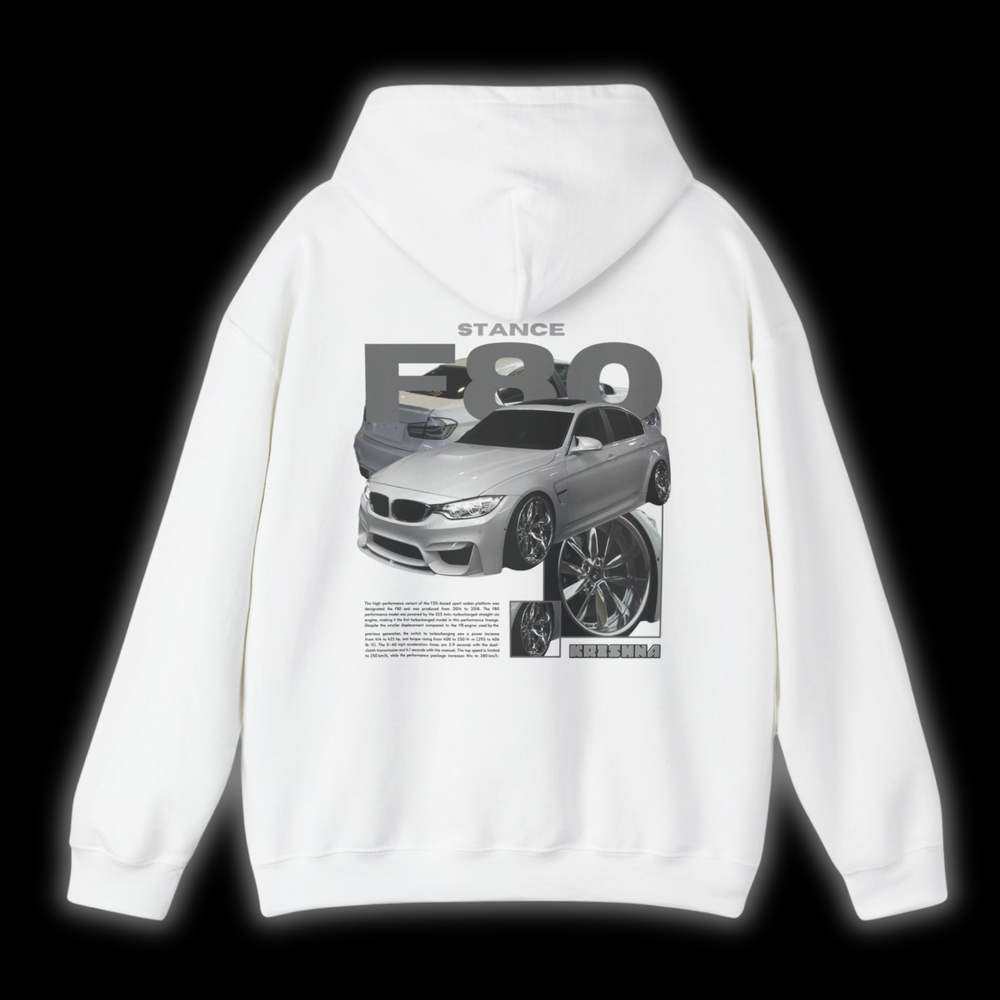 White hoodie with BMW F80 graphic on the back, picture of the rear, black background 
