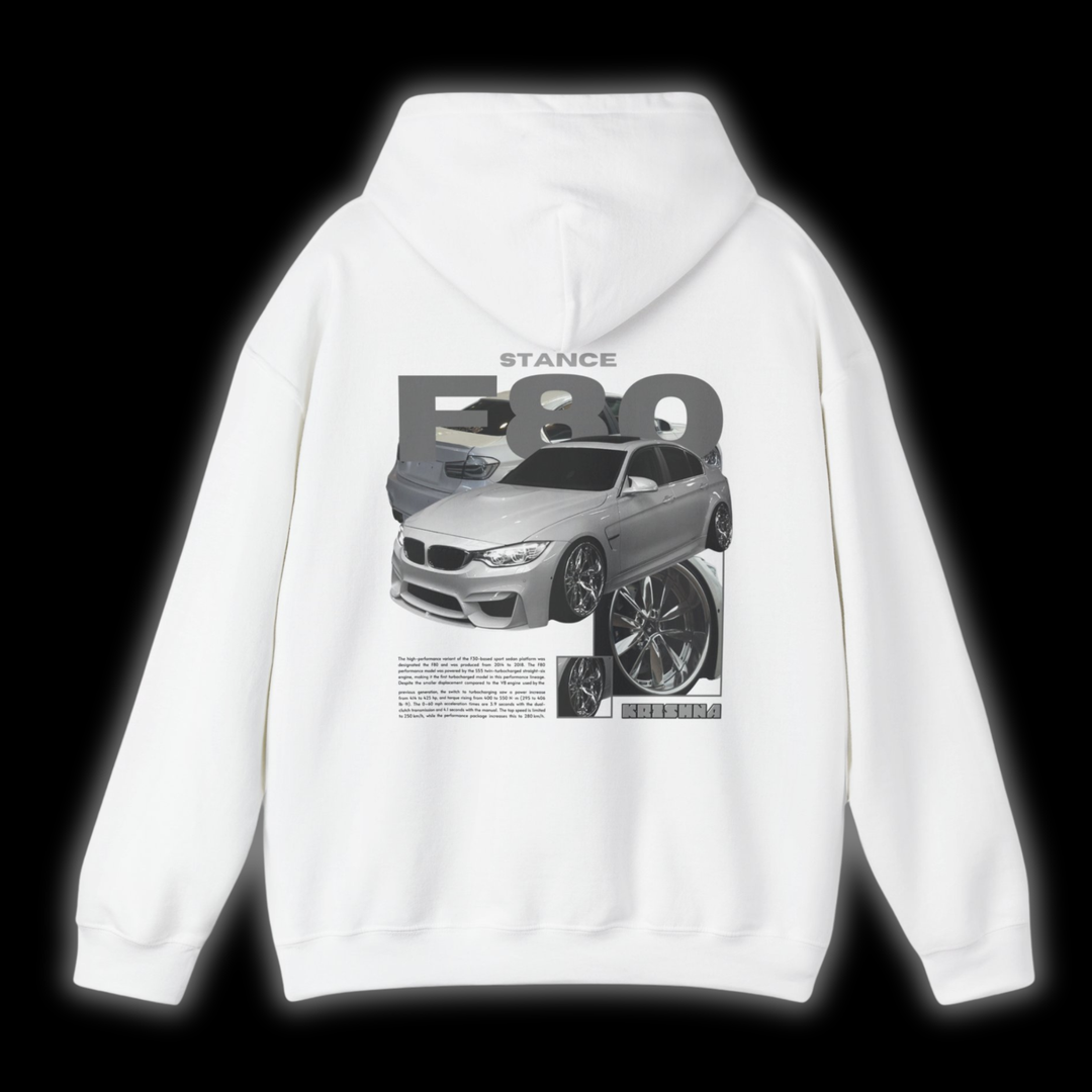 White hoodie with BMW F80 graphic on the back, picture of the rear, black background 
