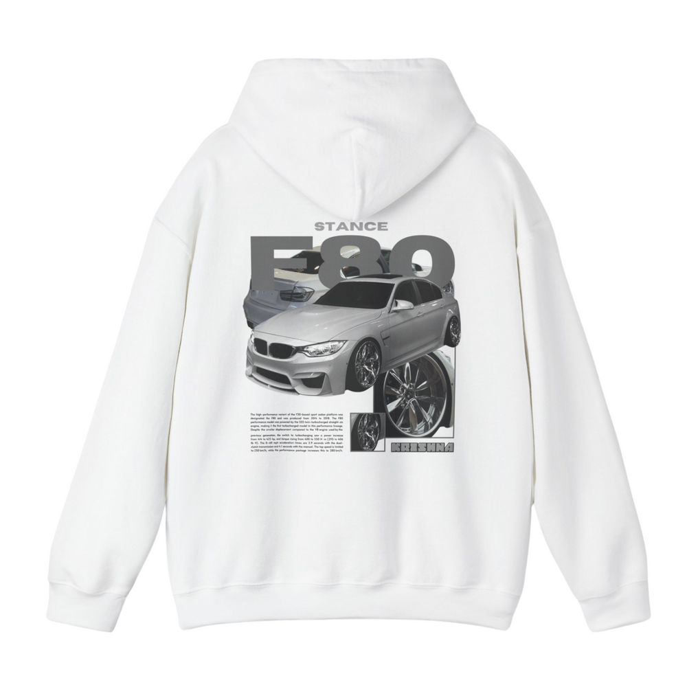 White hoodie with BMW F80 graphic on the back, picture of the rear, black background 
