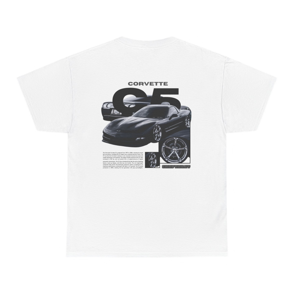 White T-shirt with Chevrolet Corvette C5 graphic on the back, picture of the rear, black background