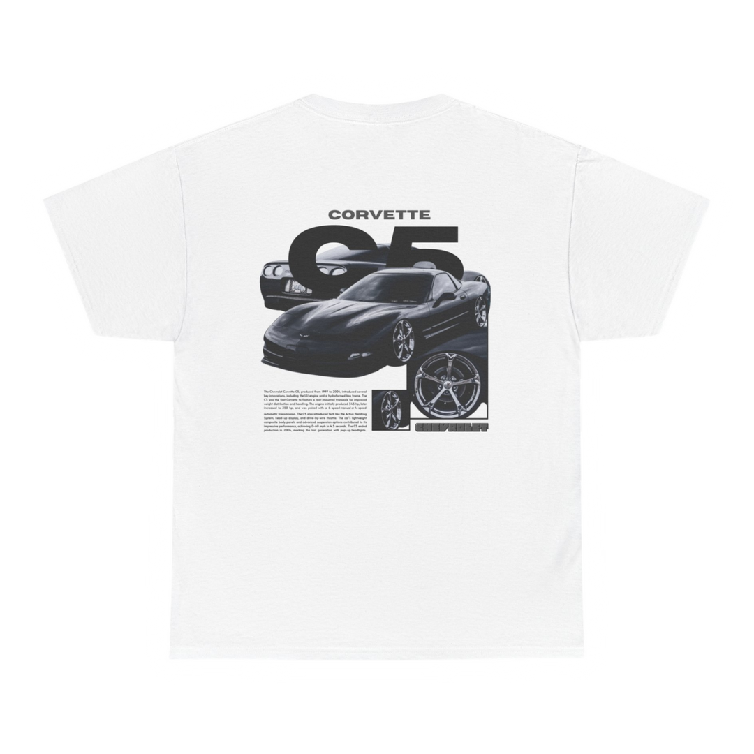 White T-shirt with Chevrolet Corvette C5 graphic on the back, picture of the rear, black background