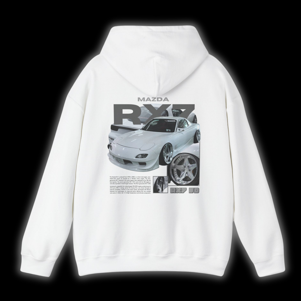 White hoodie with Mazda Rx7 FD graphic on the back, picture of the rear, black background 
