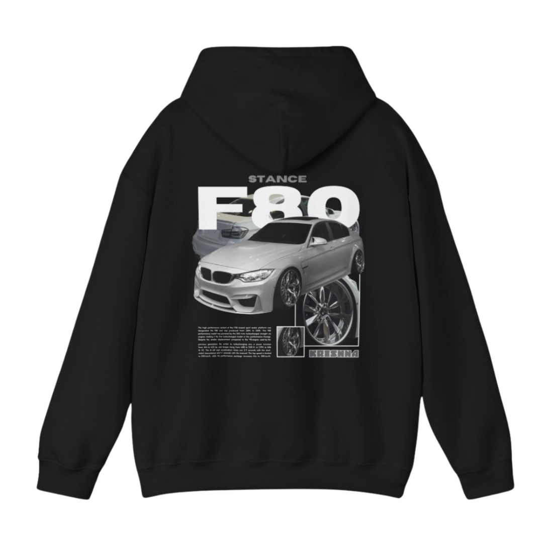 Black hoodie with BMW F80 graphic on the back, picture of the rear, black background 
