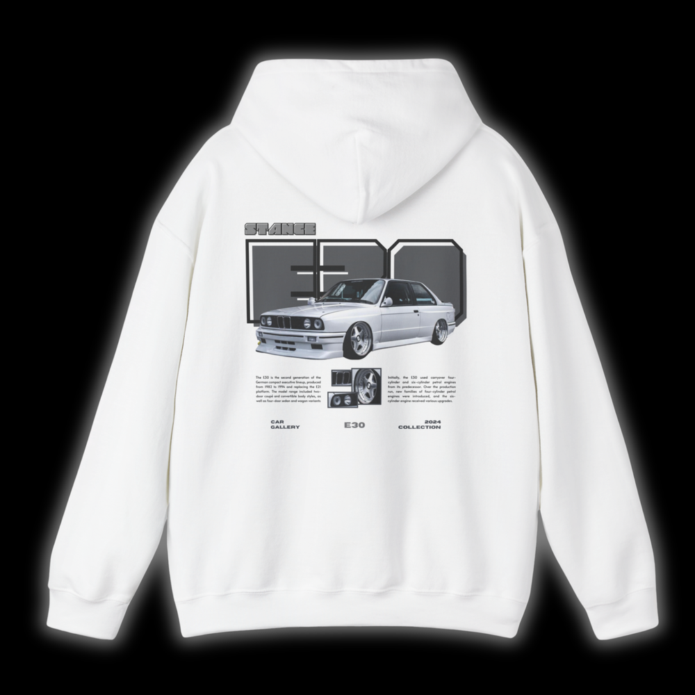 White hoodie with Bmw E30 graphic on the back, picture of the rear, black background 
