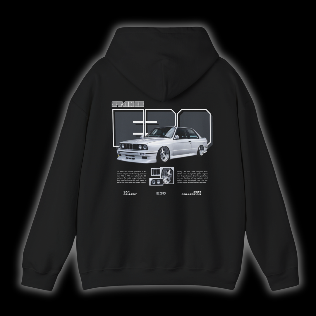 Black hoodie with Bmw E30 graphic on the back, picture of the rear, black background 
