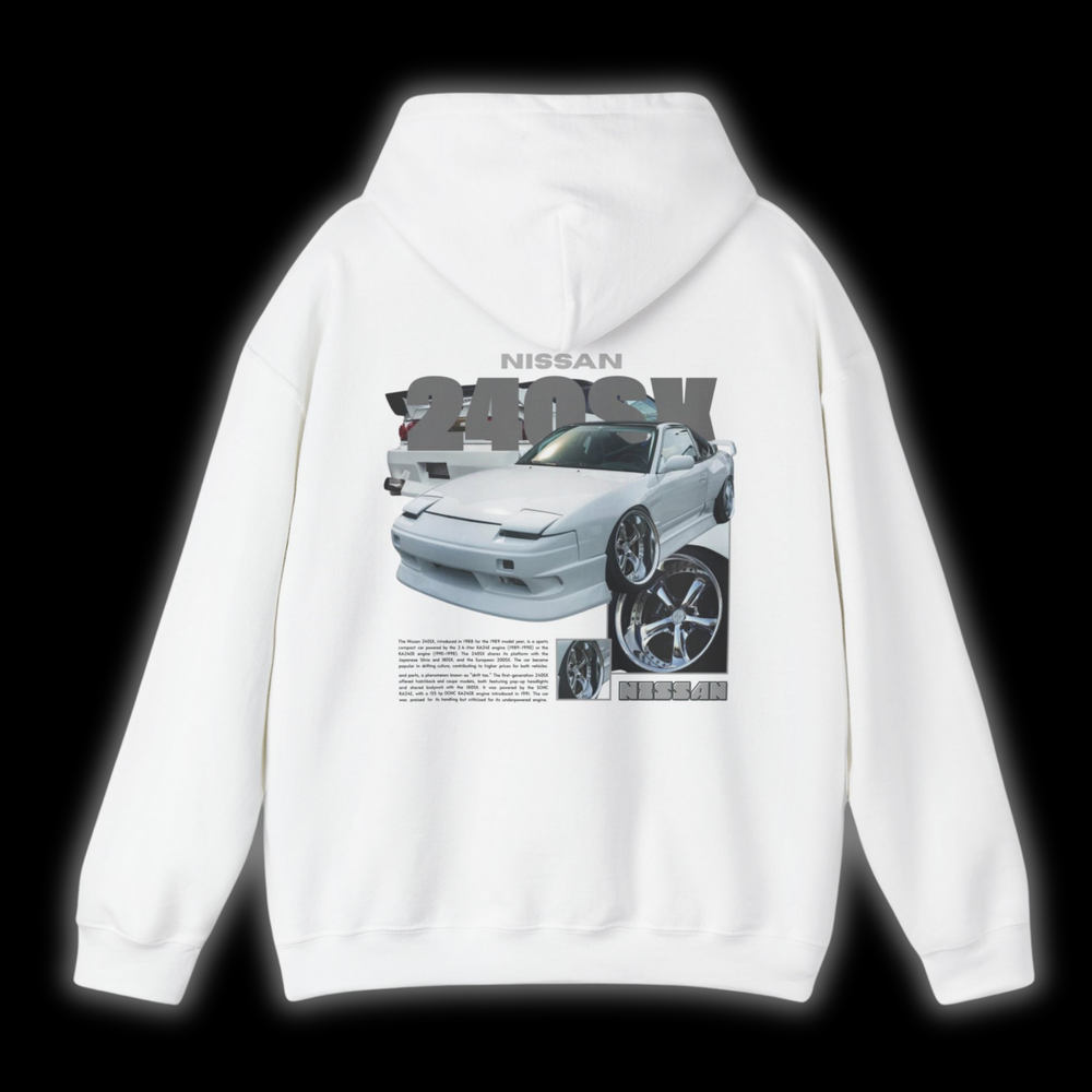 White hoodie with Nissan 240sx / 180sx / 200sx / S13 graphic on the back, picture of the rear, black background 
