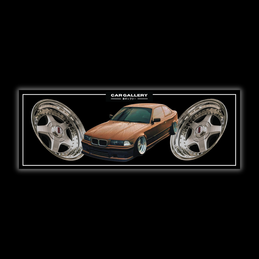 Car slap sticker featuring Bmw E36. Custom slap sticker on a black background