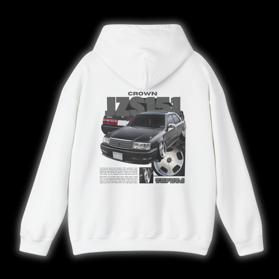 White hoodie with Toyota Crown JZS151 graphic on the back, picture of the rear, black background
