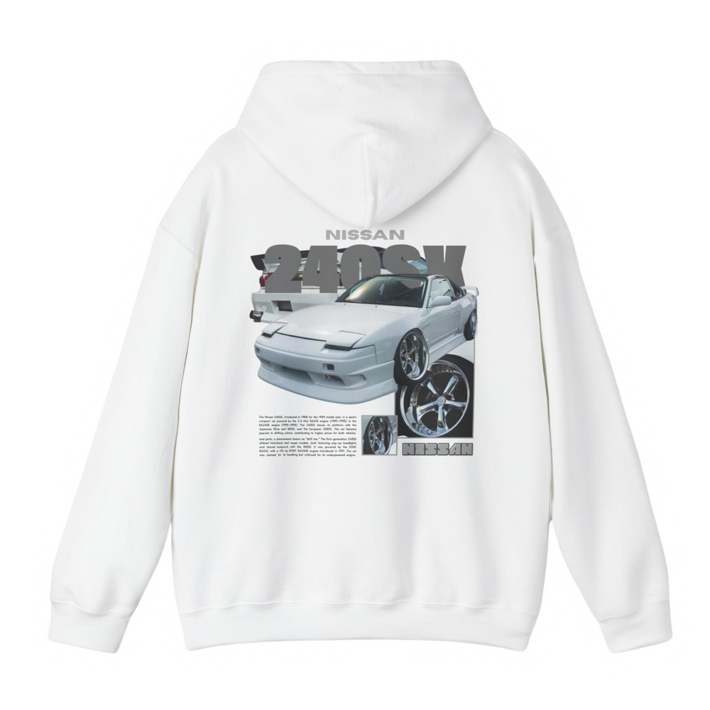 White hoodie with Nissan 240sx / 180sx / 200sx / S13 graphic on the back, picture of the rear, black background 
