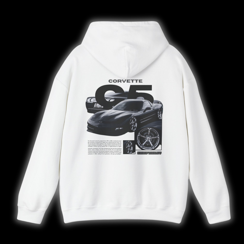White hoodie with Chevrolet Corvette C5  graphic on the back, picture of the rear, black background