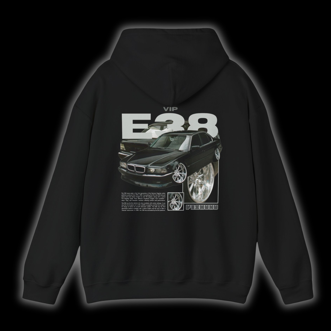 Black hoodie with Bmw E38 graphic on the back, picture of the rear, black background