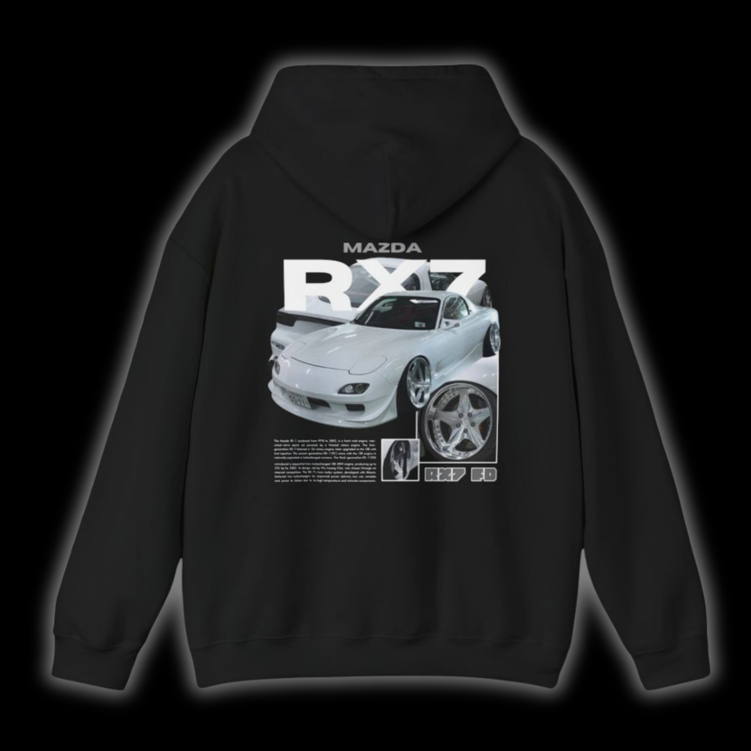 Black hoodie with Mazda Rx7 FD graphic on the back, picture of the rear, black background 
