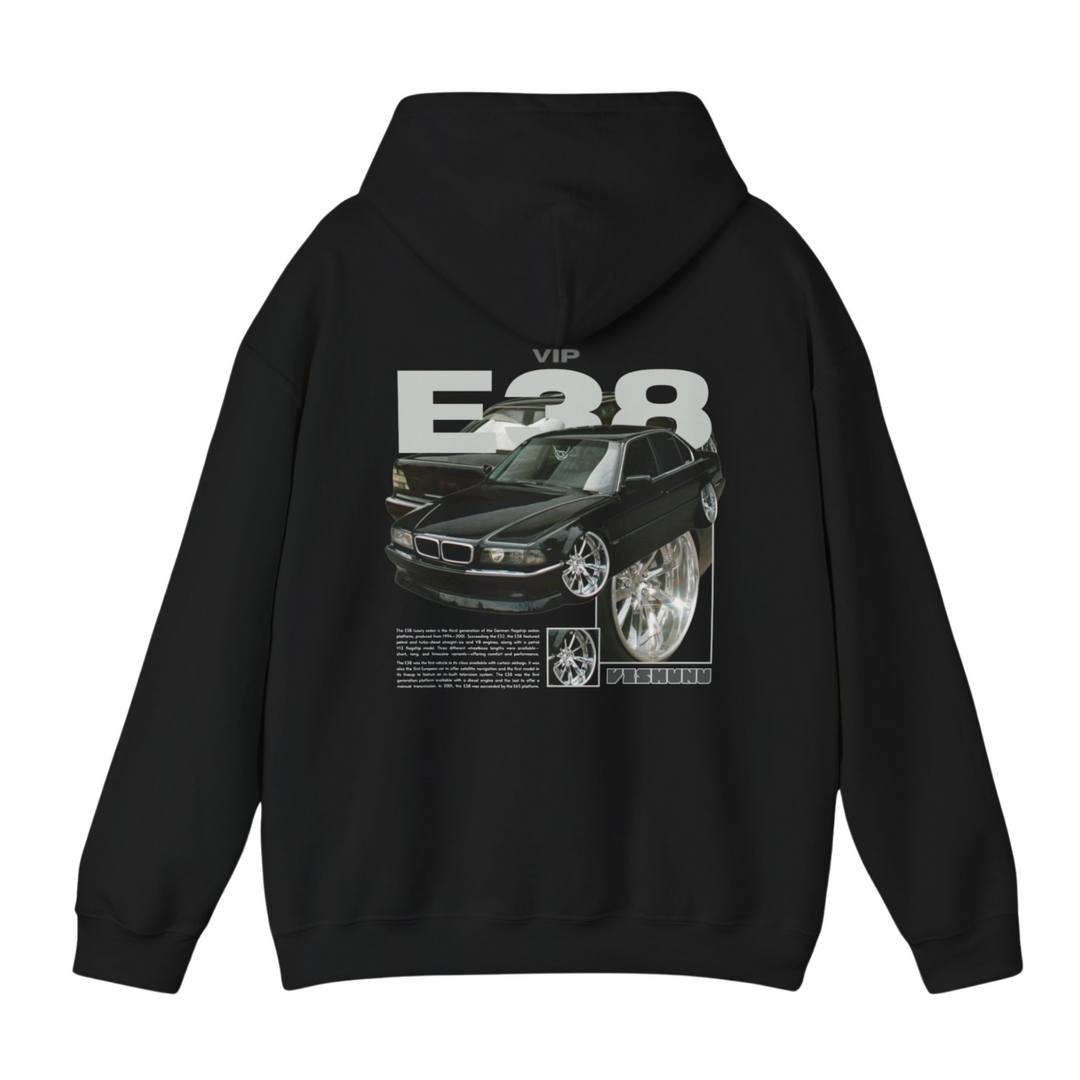 Black hoodie with Bmw E38 graphic on the back, picture of the rear, black background