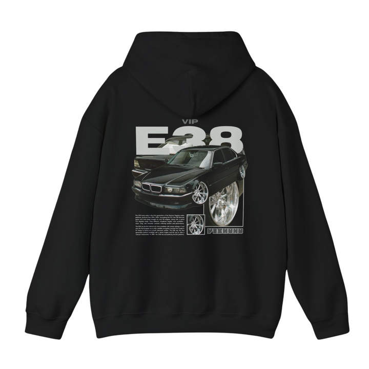 Black hoodie with Bmw E38 graphic on the back, picture of the rear, black background