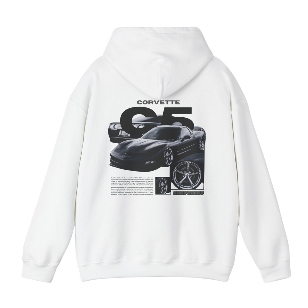White hoodie with Chevrolet Corvette C5  graphic on the back, picture of the rear, black background