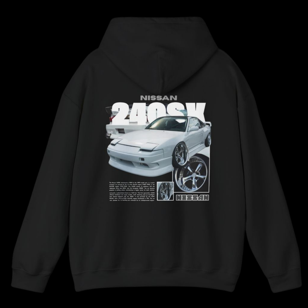 Black hoodie with Nissan 240sx / 180sx / 200sx / S13 graphic on the back, picture of the rear, black background 
