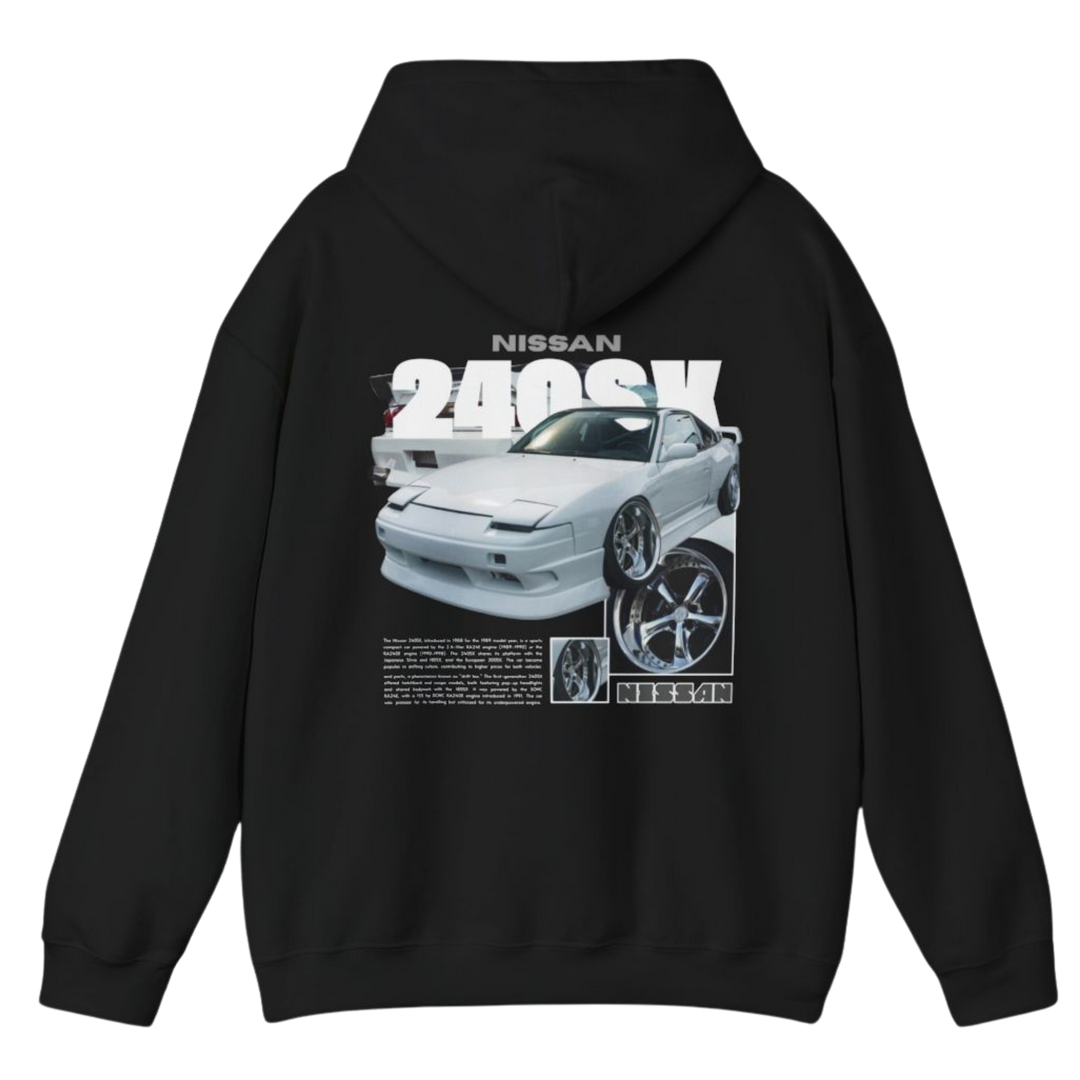 Black hoodie with Nissan 240sx / 180sx / 200sx / S13 graphic on the back, picture of the rear, black background 
