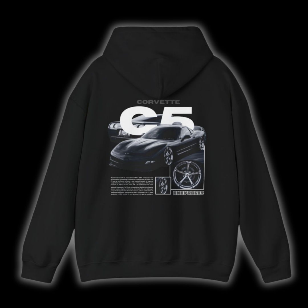Black hoodie with Chevrolet Corvette C5  graphic on the back, picture of the rear, black background