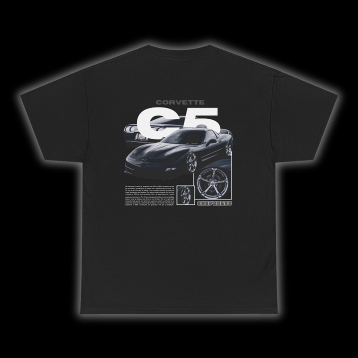 Black T-shirt with Chevrolet Corvette C5 graphic on the back, picture of the rear, black background