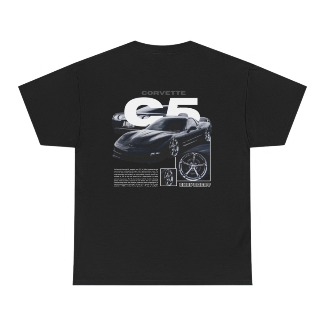 Black T-shirt with Chevrolet Corvette C5 graphic on the back, picture of the rear, black background