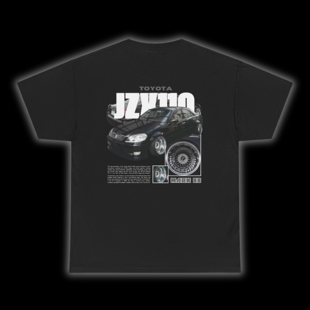 Black T-shirt with Toyota Mark II JZX110 graphic on the back, picture of the rear, black background
