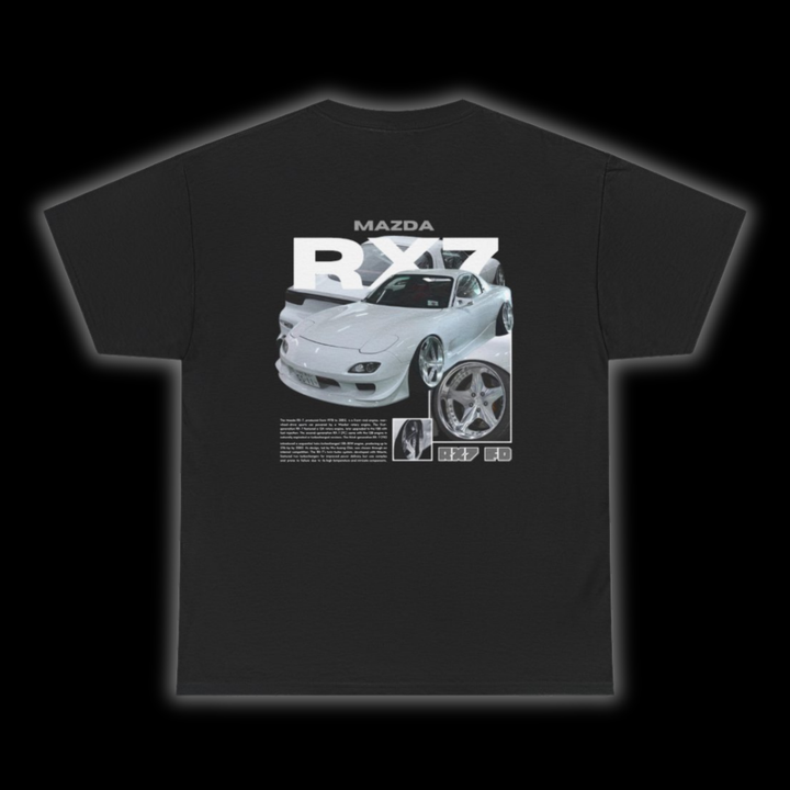 Black T-shirt with Mazda Rx7 FD graphic on the back, picture of the rear, black background