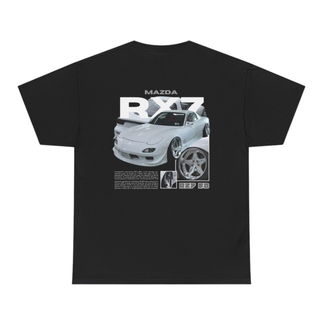 Black T-shirt with Mazda Rx7 FD graphic on the back, picture of the rear, black background