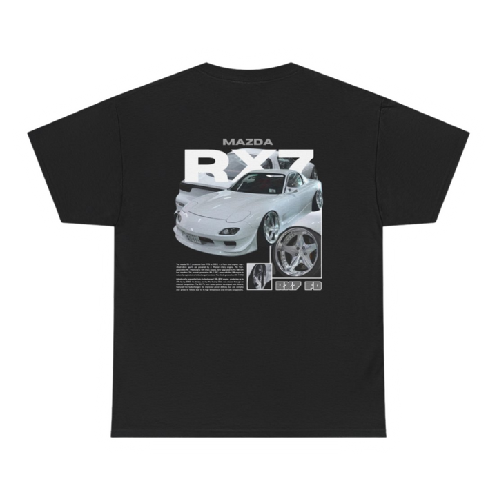 Black T-shirt with Mazda Rx7 FD graphic on the back, picture of the rear, black background