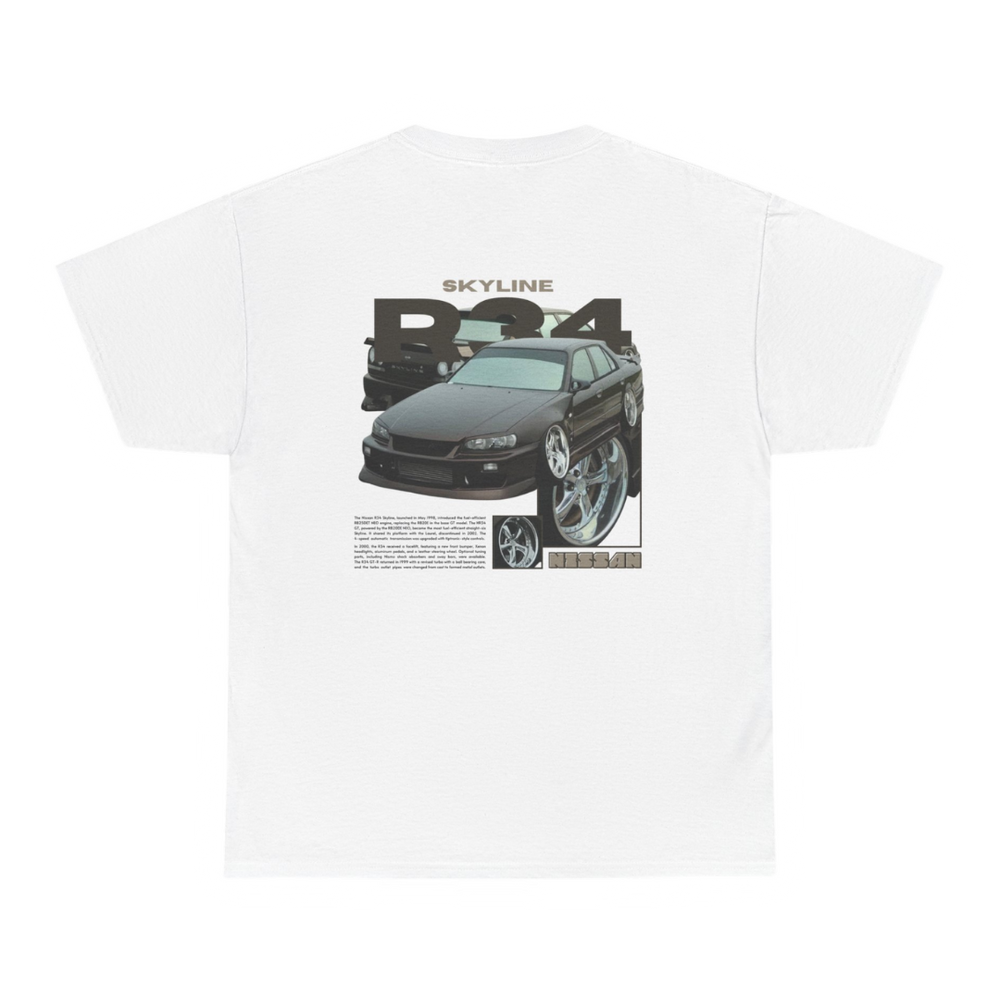 White T-shirt with Nissan Skyline R34 graphic on the back, picture of the rear, black background