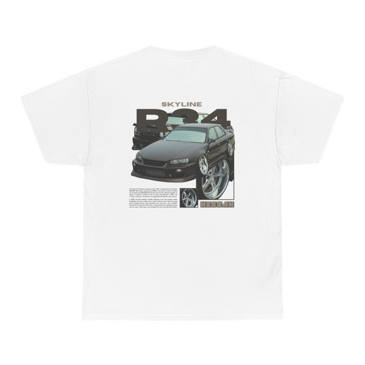 White T-shirt with Nissan Skyline R34 graphic on the back, picture of the rear, black background