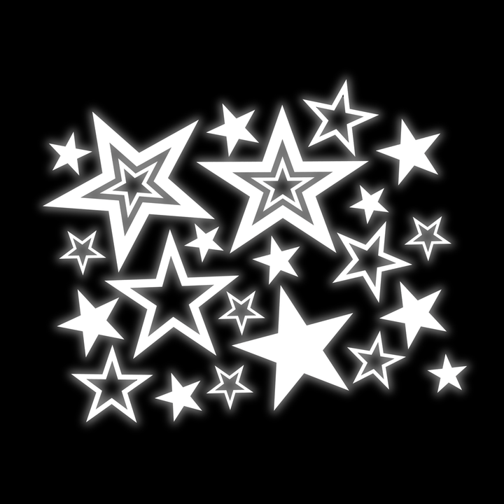 Sunroof stickers and Car sunroof star decal pack available in chrome and white, on black background
