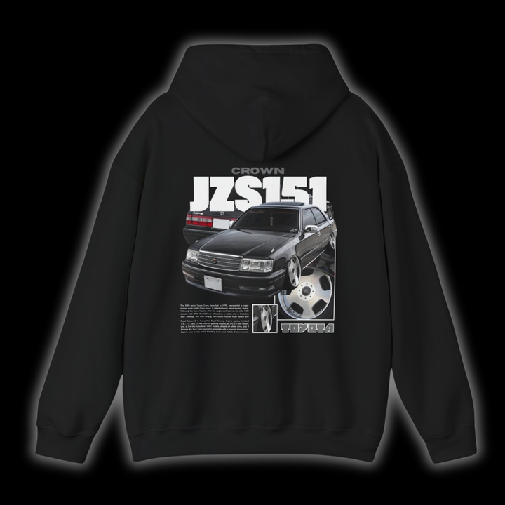 Black hoodie with Toyota Crown JZS151 graphic on the back, picture of the rear, black background