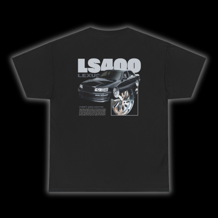 Black T-shirt with Lexus Ls400 / Toyota Celsior UCF10 graphic on the back, picture of the rear, black background