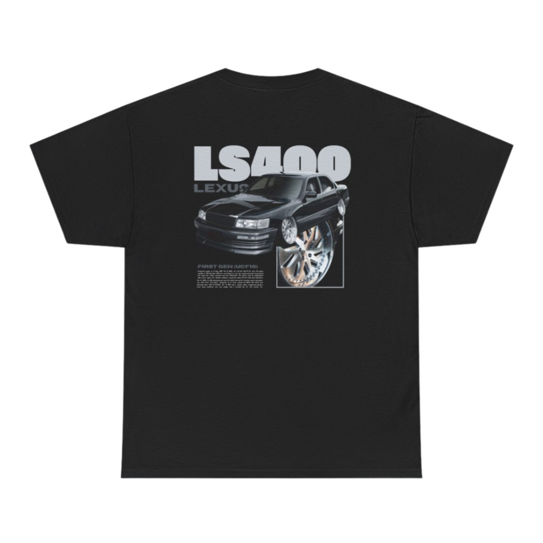 Black T-shirt with Lexus Ls400 / Toyota Celsior UCF10 graphic on the back, picture of the rear, black background