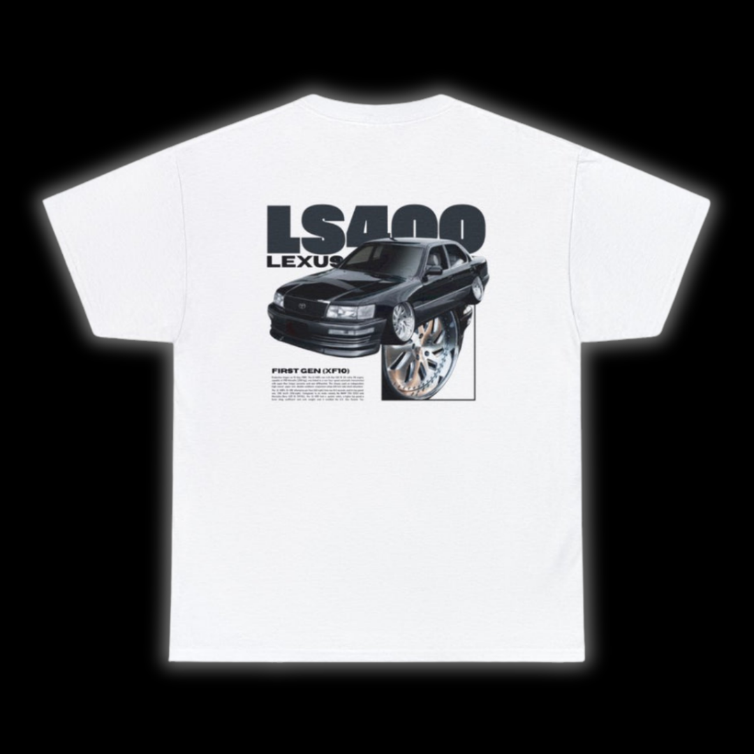 White T-shirt with Lexus Ls400 / Toyota Celsior UCF10 graphic on the back, picture of the rear, black background