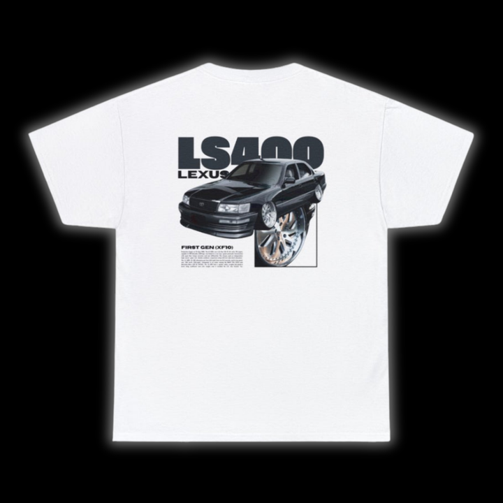 White T-shirt with Lexus Ls400 / Toyota Celsior UCF10 graphic on the back, picture of the rear, black background