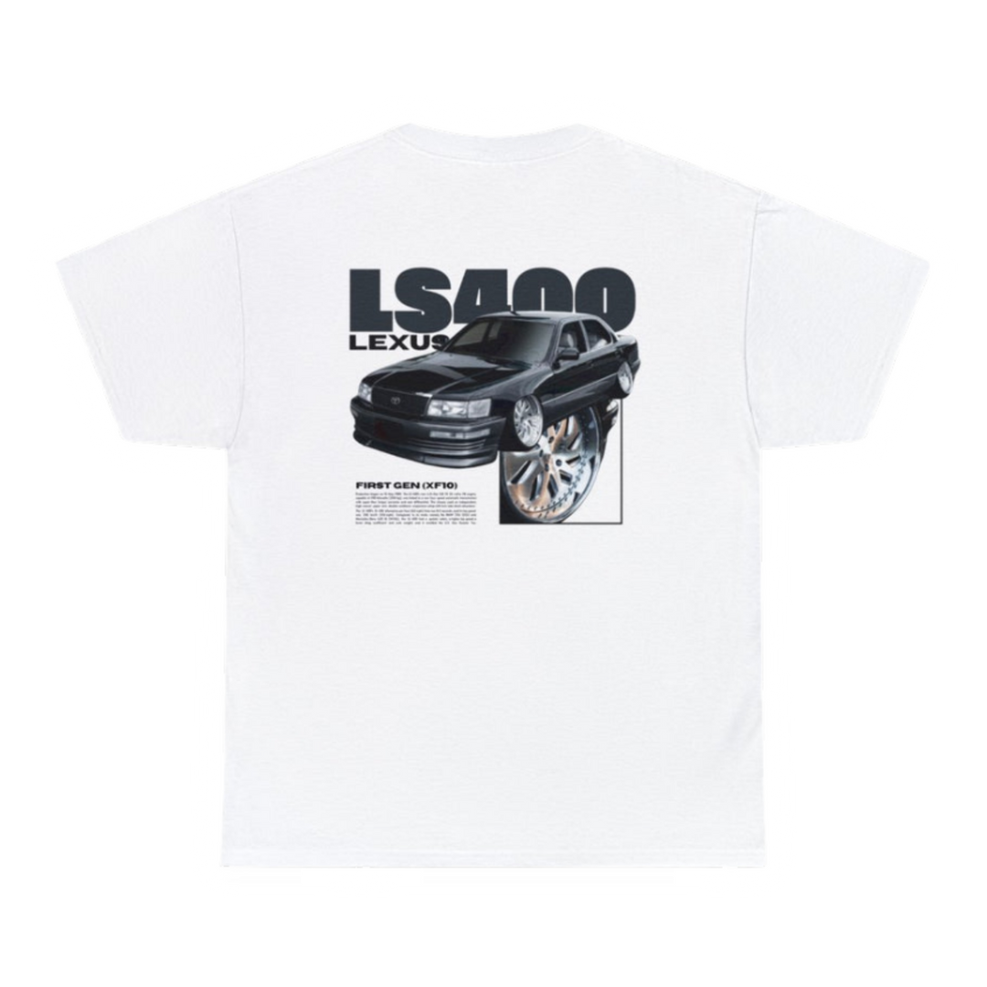 White T-shirt with Lexus Ls400 / Toyota Celsior UCF10 graphic on the back, picture of the rear, black background