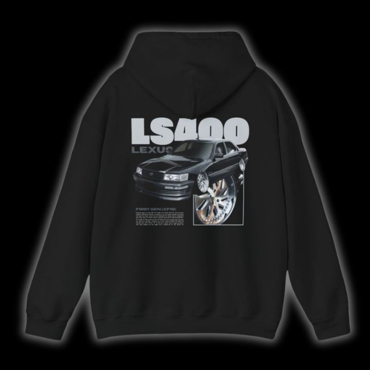 Black hoodie with Lexus Ls400 / Toyota Celsior UCF10 graphic on the back, picture of the rear, black background