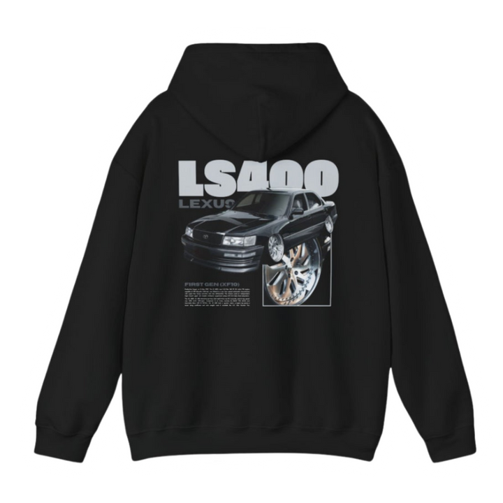 Black hoodie with Lexus Ls400 / Toyota Celsior UCF10 graphic on the back, picture of the rear, black background