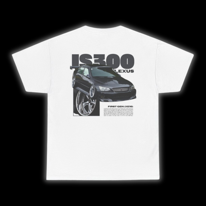 White T-shirt with Lexus Is300 / Is200 graphic on the back, picture of the rear, black background