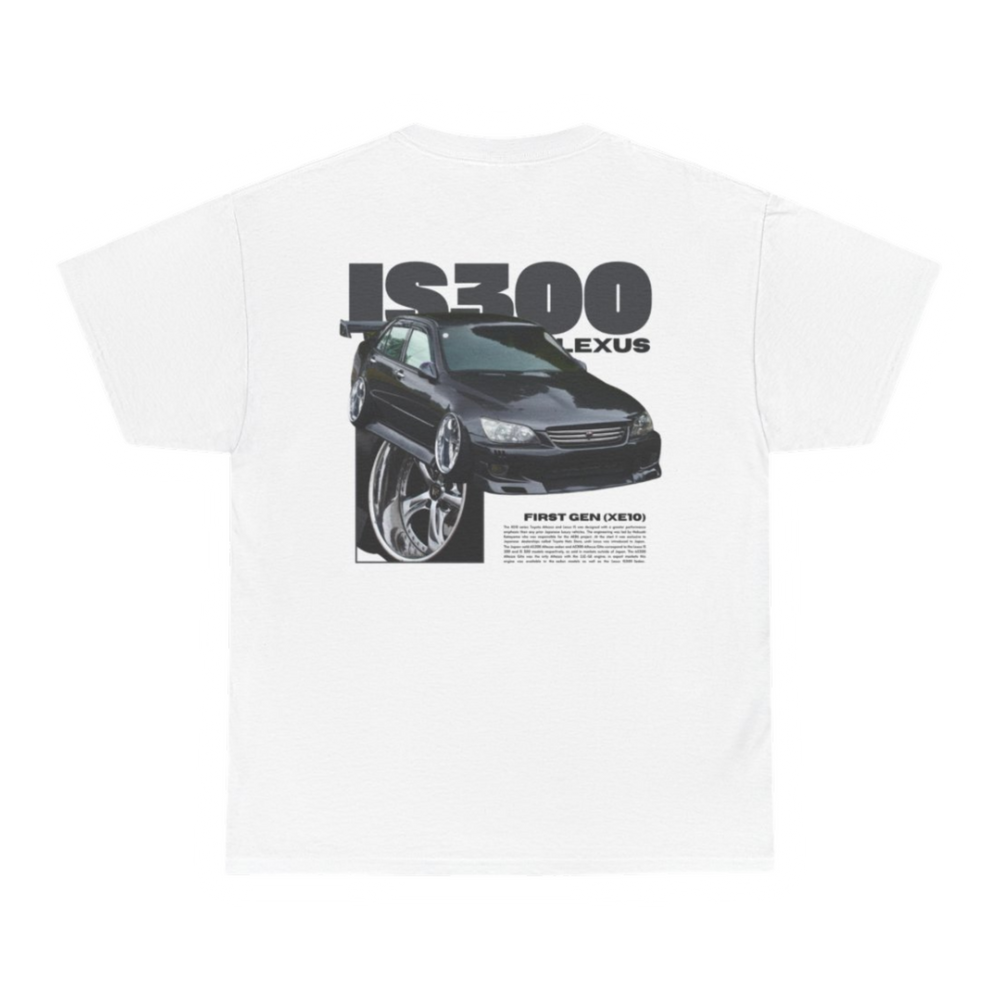 White T-shirt with Lexus Is300 / Is200 graphic on the back, picture of the rear, black background