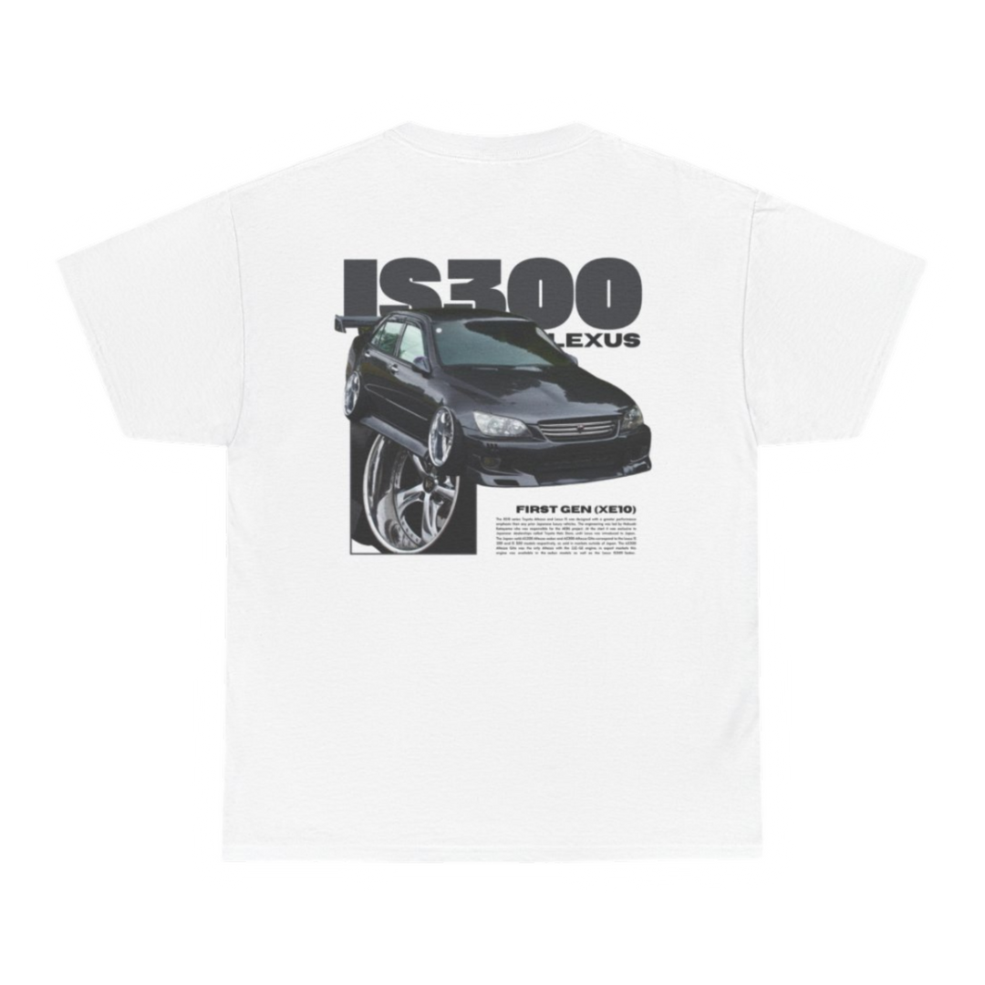 White T-shirt with Lexus Is300 / Is200 graphic on the back, picture of the rear, black background