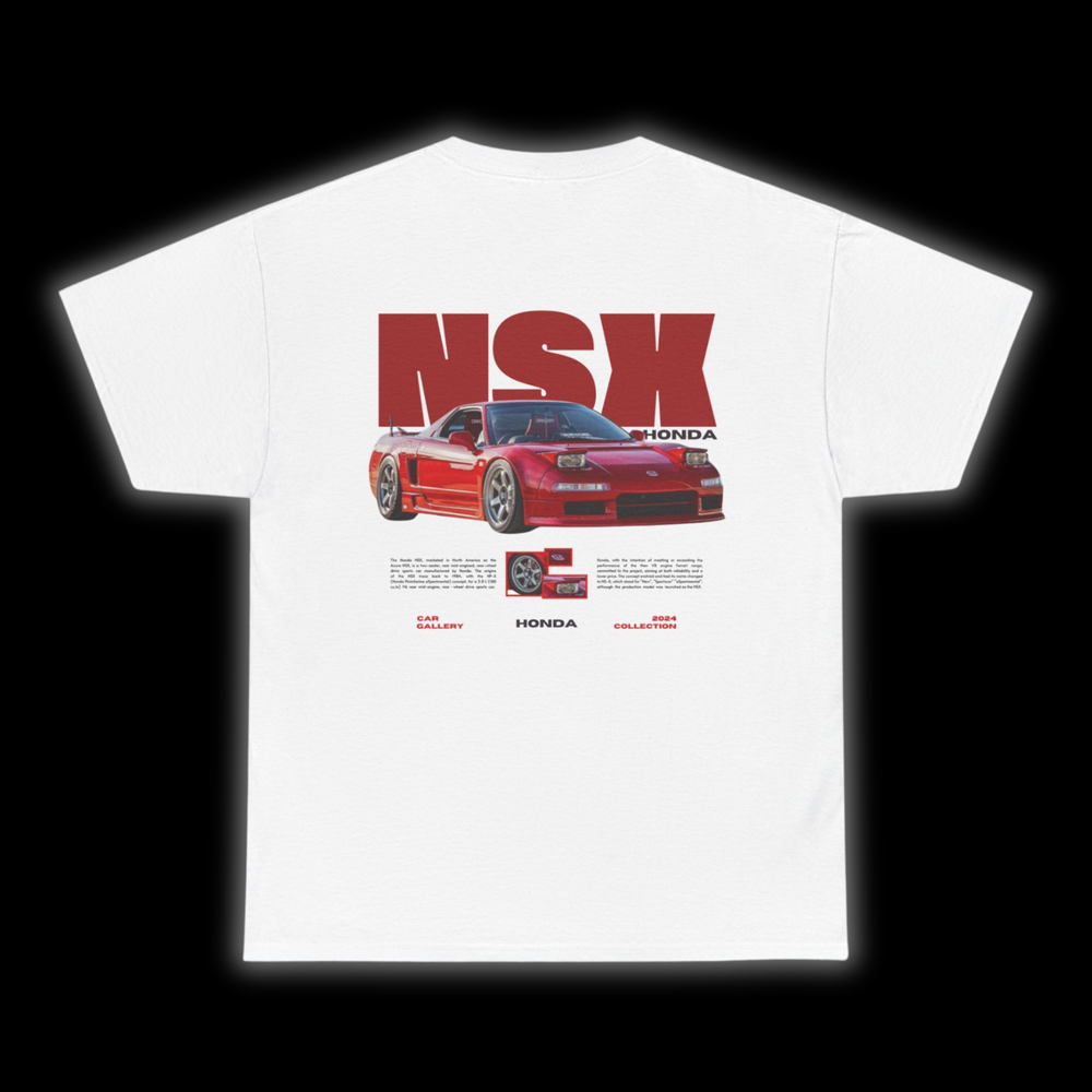 White T-shirt with Acura / Honda NSX graphic on the back, picture of the rear, black background