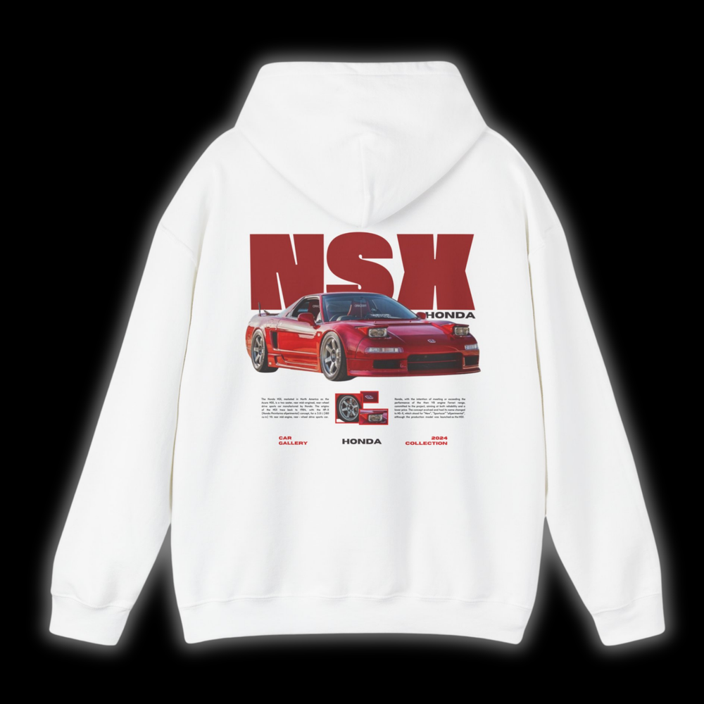 White hoodie with Honda / Acura NSX graphic on the back, picture of the rear, black background 
